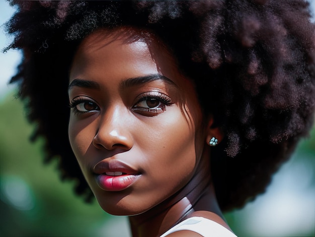 Foto uma mulher afro com um corte de cabelo natural olha para a câmera