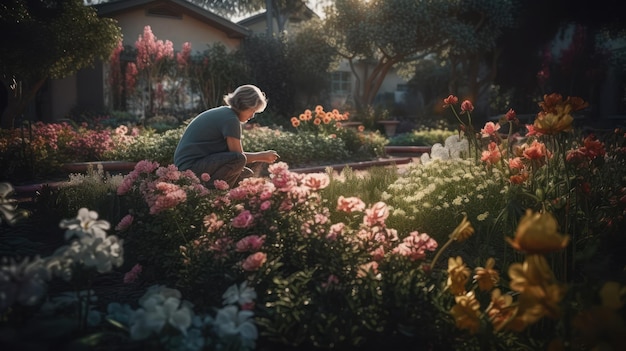 Uma mulher agachada em um jardim com flores em primeiro plano.