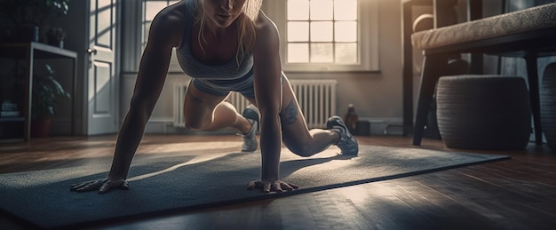 Uma mulher agachada em uma esteira em uma IA de ginástica