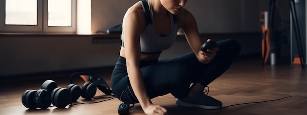 Uma mulher agachada em uma esteira em uma IA de ginástica