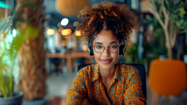 Uma mulher agente de call center com óculos e fones de ouvido sentada em uma cadeira