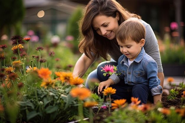 Foto uma mulher ajoelhada ao lado de uma criança em um campo de flores