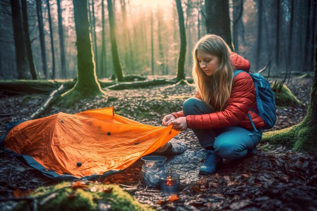 Uma mulher ajoelhada na floresta com uma imagem ai generativa de tenda laranja