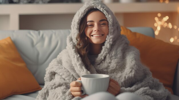 Foto uma mulher alegre bebendo café enquanto está sentada sob as coberturas no sofá em casa