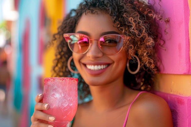 Uma mulher alegre com cabelos encaracolados e óculos de sol elegantes bebe um refrescante coquetel de citrinos contra um cenário urbano colorido que incorpora o espírito do verão