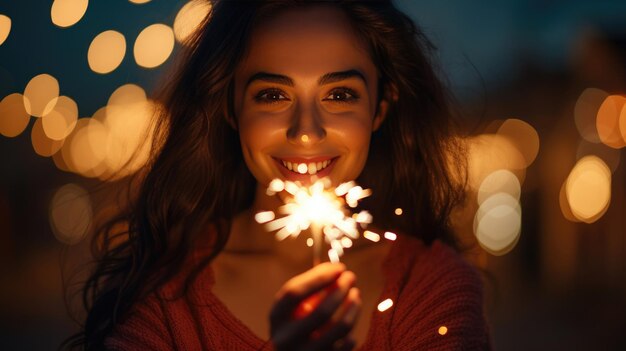 Foto uma mulher alegre segurando um faísca acesa seu sorriso iluminado por seu brilho com um fundo de luzes da cidade bokeh à noite