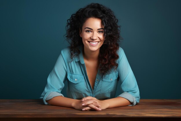 Foto uma mulher alegre sentada em uma mesa sorrindo calorosamente enquanto posa para a câmera