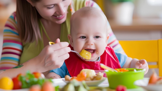 Uma mulher alimentando um bebê na frente da comida