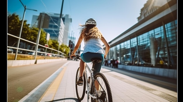 Uma mulher anda de bicicleta em uma rua da cidade.