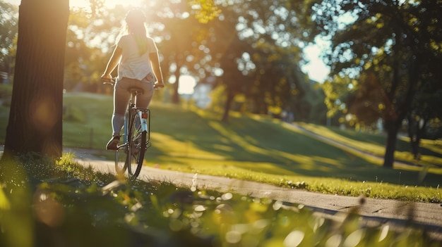 Uma mulher anda de bicicleta num parque.