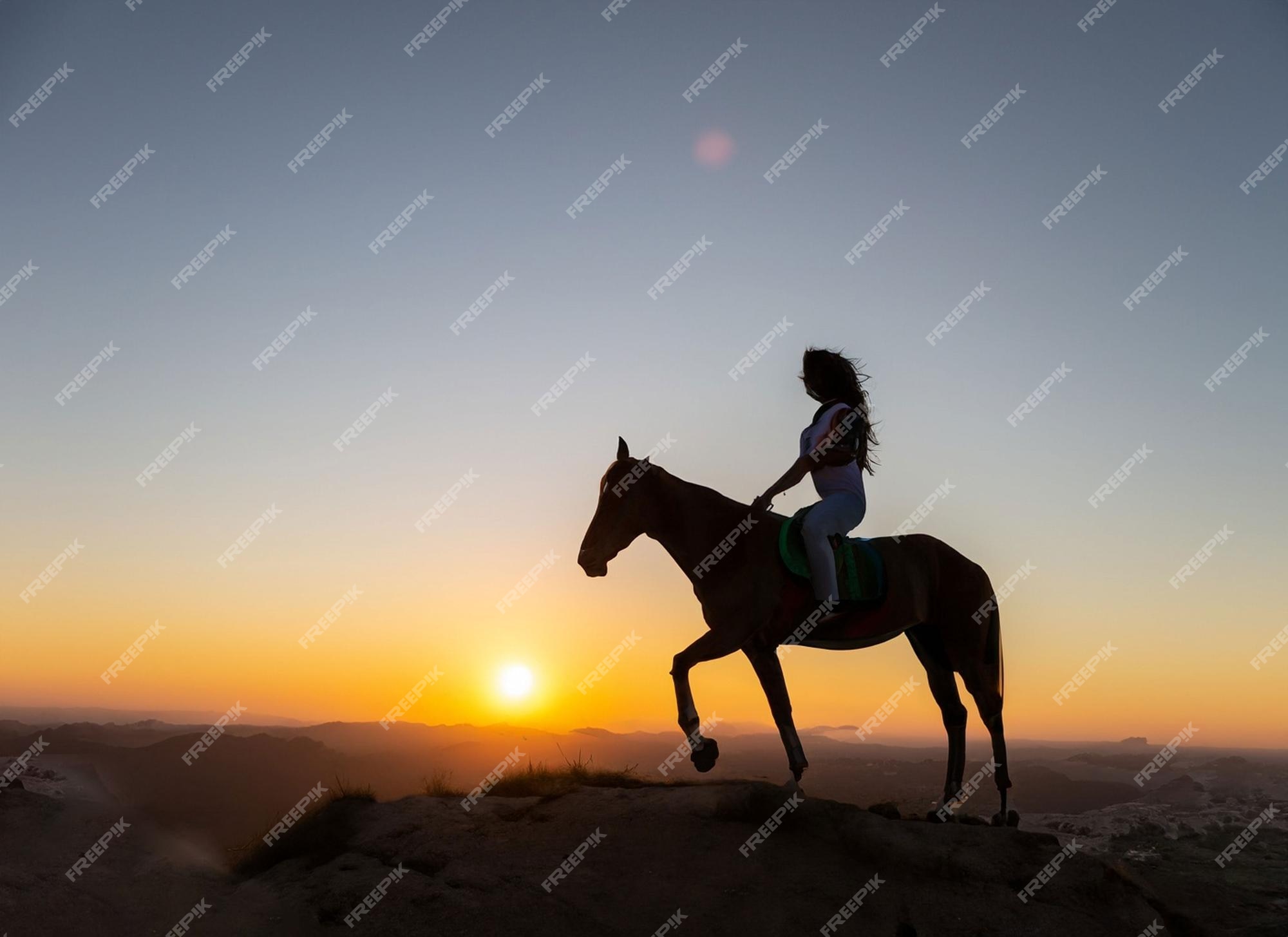 Mulher Bonita Sorrindo Em Frente Ao Cavalo No Pôr Do Sol Imagem de