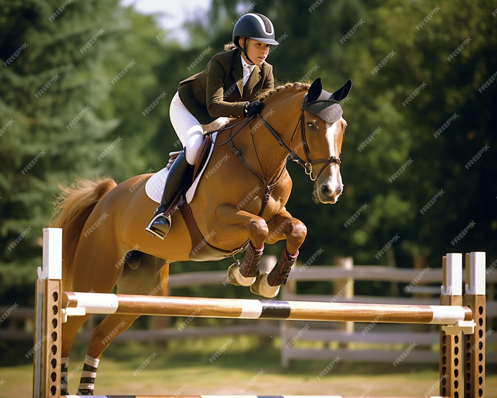 Há uma mulher andando a cavalo pulando sobre uma cerca de madeira