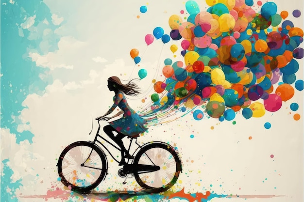 Uma mulher andando de bicicleta com balões coloridos no céu Conceito de fantasia Ilustração pintura Generative AI