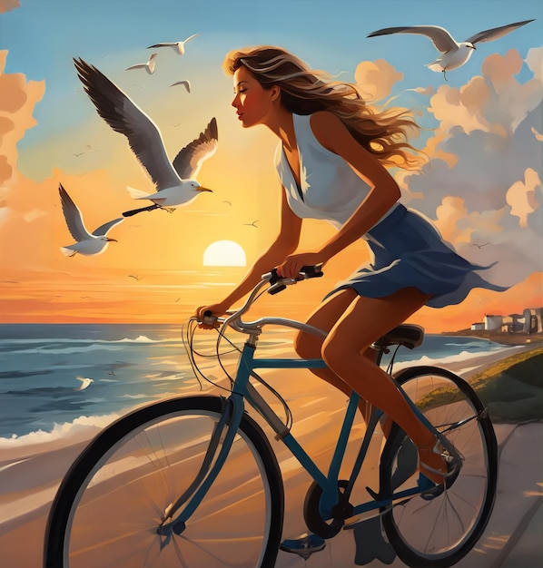 Foto uma mulher andando de bicicleta com pássaros voando no céu