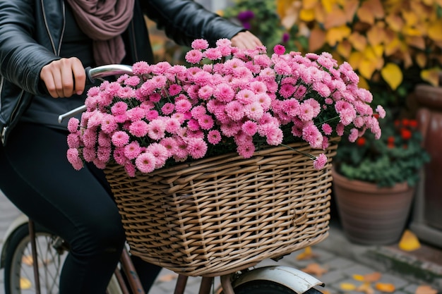 uma mulher andando de bicicleta com uma cesta cheia de flores