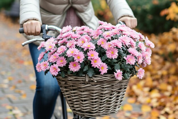 uma mulher andando de bicicleta com uma cesta cheia de flores