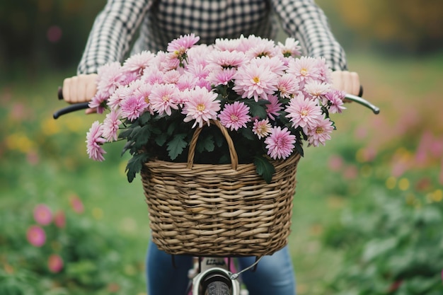 uma mulher andando de bicicleta com uma cesta cheia de flores