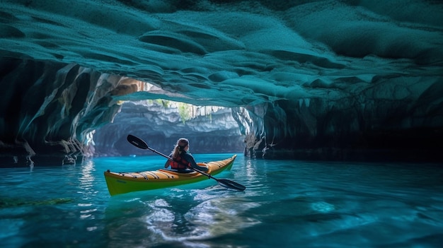 Uma mulher andando de caiaque em uma caverna com água azul