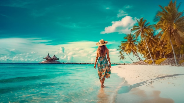 Foto uma mulher andando em uma praia nas maldivas