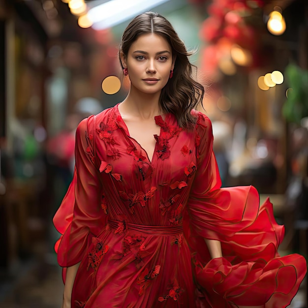 Uma mulher andando graciosamente por uma rua em um vestido vermelho vibrante