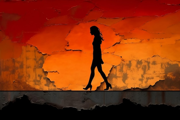 Uma mulher andando na frente de um pôr do sol