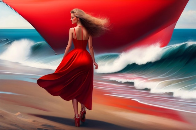 Uma mulher andando na praia com um vestido vermelho