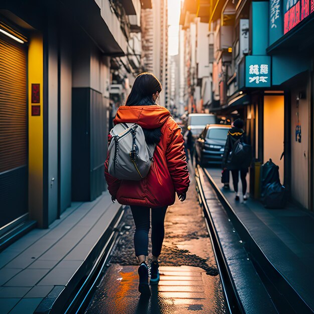 Uma mulher andando pela rua com uma mochila nas costas.