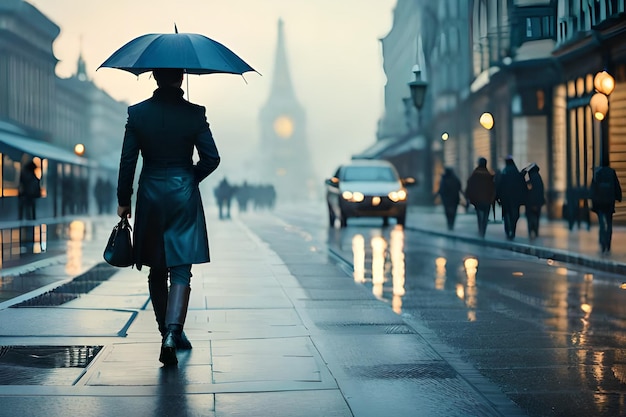 Uma mulher andando por uma rua chuvosa com um guarda-chuva na chuva.