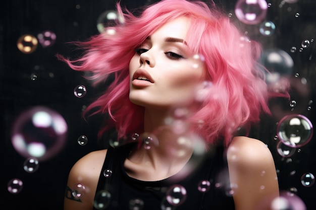 Foto uma mulher animada com cabelo rosa fabuloso e detalhes de bolhas de cores vibrantes