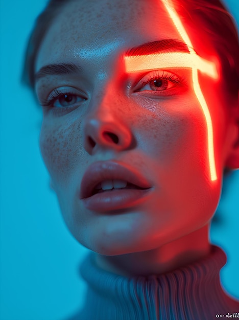 Uma mulher apertada com o rosto iluminado por luz vermelha