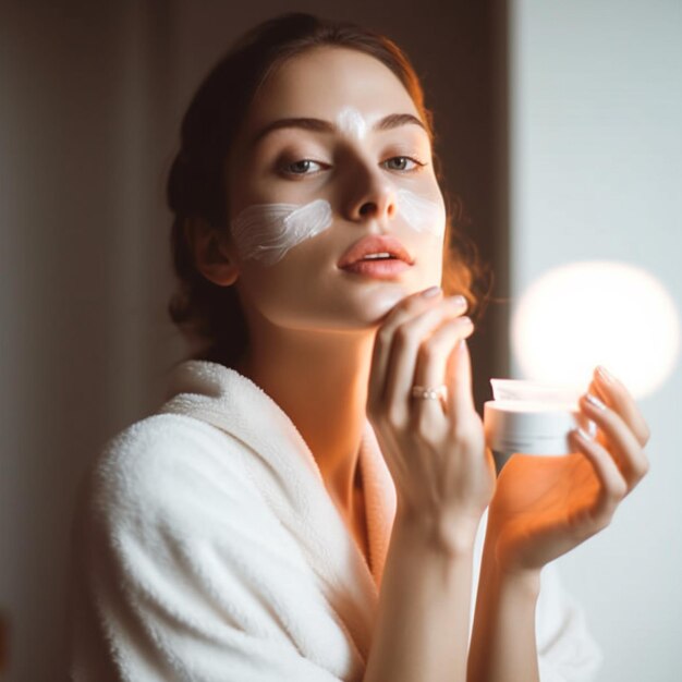 Foto uma mulher aplicando produtos de cuidados com a pele na pele