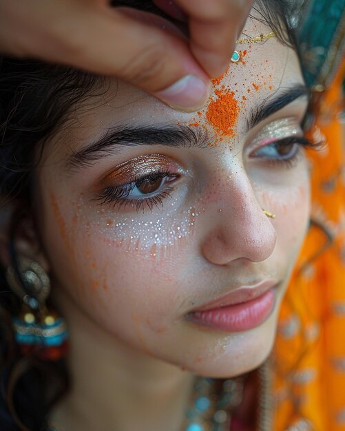 Foto uma mulher aplicando tilak ao seu papel de parede