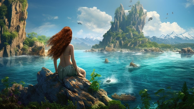 Uma mulher apreciando a beleza serena do oceano no conforto de uma rocha