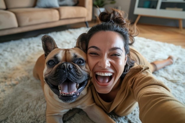 Foto uma mulher árabe encantada está tirando uma selfie com seu animal de estimação alegre que tem uma expressão engraçada em