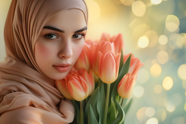 Uma mulher árabe vestindo um hijab segurando um buquê de tulipas celebrando o Dia da Mulher