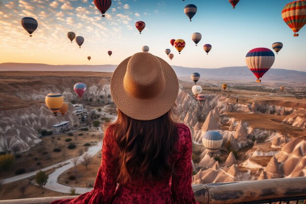 Uma mulher asiática a ver balões de ar quente na Capadocia, na Turquia.