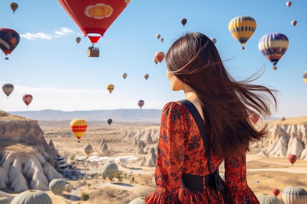 Uma mulher asiática a ver balões de ar quente na Capadocia, na Turquia.