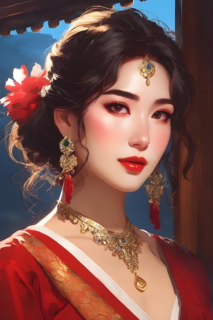 Uma mulher asiática arrebatadora, seu corpo adornado com joias luxuosas, um belo retrato de um asiático