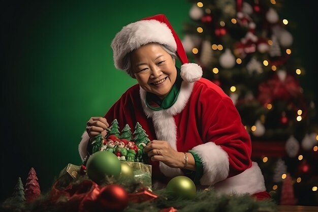 Foto uma mulher asiática de meia-idade em uma roupa de sra. claus arranjando ornamentos na árvore de natal