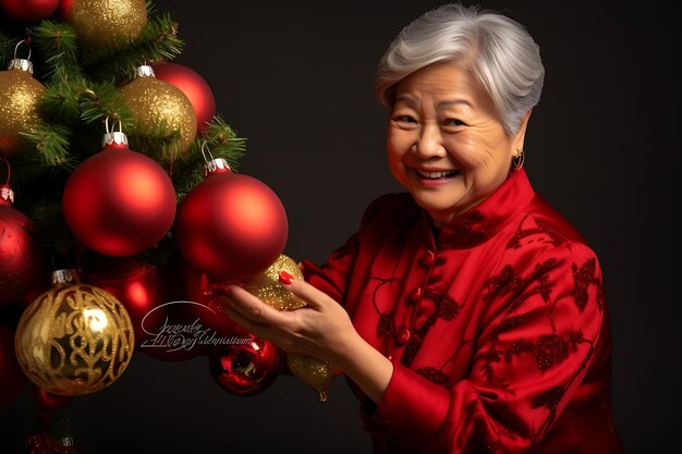 Foto uma mulher asiática de meia-idade em uma roupa de sra. claus arranjando ornamentos na árvore de natal