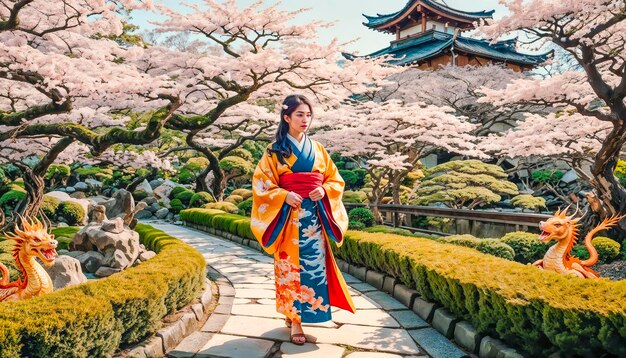 Uma mulher asiática de nobre ascendência, vestida com um kimono festivo, caminha lentamente por um jardim japonês em flor