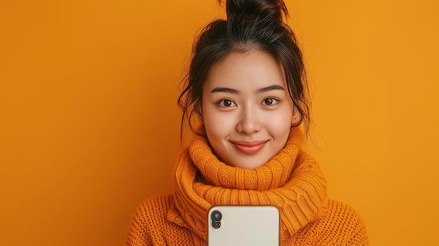Foto uma mulher asiática excitada olha através de um telefone celular vertical gigante com uma tela branca em branco olhando para a tela do dispositivo com uma parede laranja amarela como pano de fundo