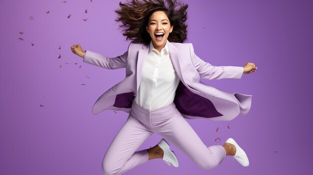 Uma mulher asiática exuberante e otimista salta com entusiasmo no ar contra um fundo violeta G