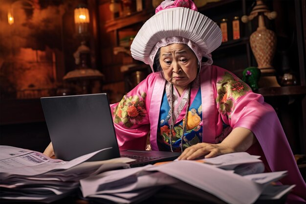 Uma mulher asiática idosa senta-se em um laptop com um grande número de documentos de trabalho de contabilidade