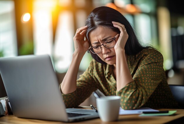 Foto uma mulher asiática madura parece estressada e sobrecarregada com um laptop e segura a mão na cabeça dele.