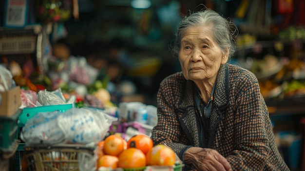Foto uma mulher asiática mais velha vendendo frutas e legumes em sua barraca de rua