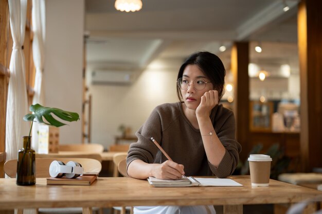 Uma mulher asiática pensativa está sentada à mesa de uma cafeteria pensando enquanto mantém seu diário