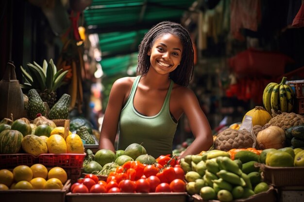 Uma mulher asiática sorridente atrás de sua barraca de vegetais vende uma variedade de frutas e vegetais frescos, defendendo os benefícios da alimentação natural