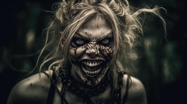 Uma mulher assustadora com um rosto pintado com a palavra zumbi.
