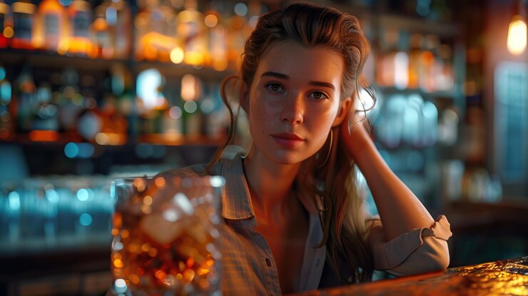 Foto uma mulher atenciosa senta-se num bar com uma bebida